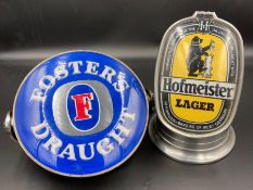 Breweriana: Two contemporary pub pump heads Fosters and Hofmeister