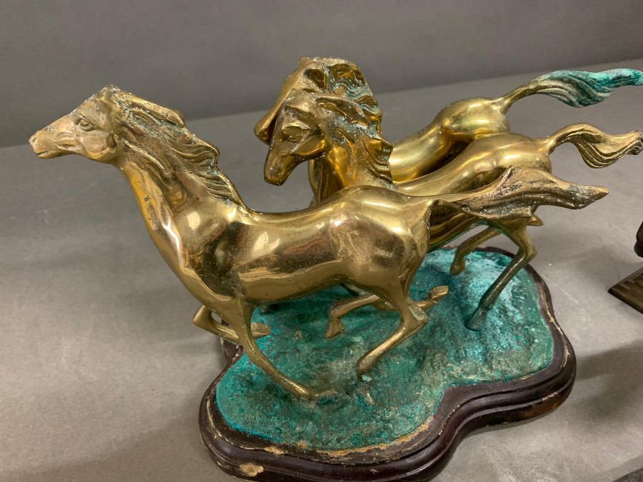 Two sculptures of equestrian groups and one brass rearing horse - Image 4 of 7