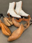 A Selection of shoe lathes and a pair of Vintage ice skates.