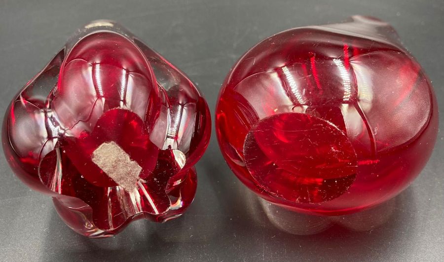 Whitefriars Ruby Cased glass vases design no. 9657 H13.5 cms. & 9727 with original label H12.5 cms. - Image 2 of 3