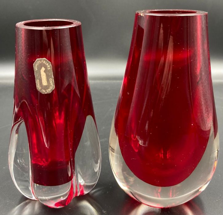 Whitefriars Ruby Cased glass vases design no. 9657 H13.5 cms. & 9727 with original label H12.5 cms.