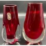 Whitefriars Ruby Cased glass vases design no. 9657 H13.5 cms. & 9727 with original label H12.5 cms.