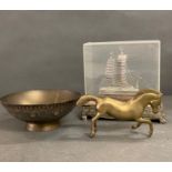 A selection of Indian items including brass horse