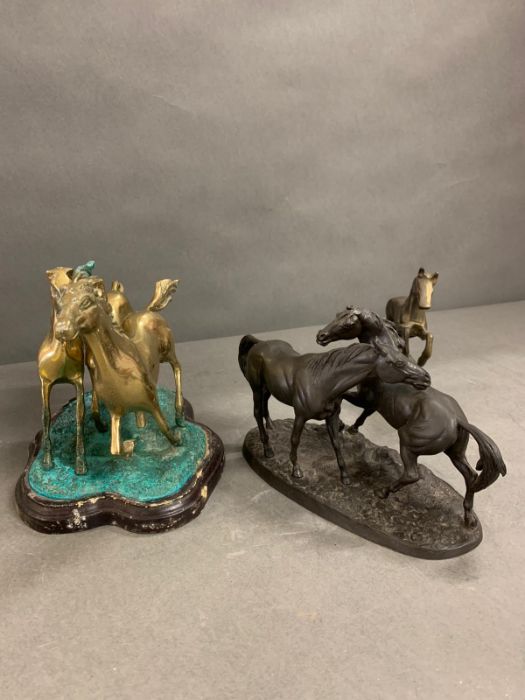 Two sculptures of equestrian groups and one brass rearing horse - Image 7 of 7