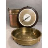 A Copper and brass bucket, along with some Salter weigh sclaes.