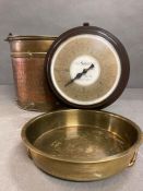 A Copper and brass bucket, along with some Salter weigh sclaes.