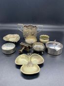 A selection of white metal items, various designs including matchbox holder, pill boxes etc.