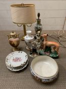 A selection of ceramics including Staffordshire style flat back and lamps