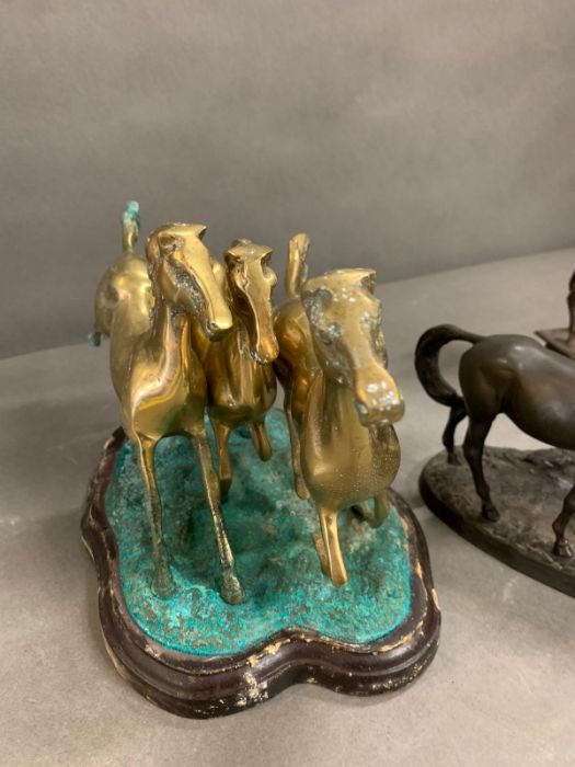 Two sculptures of equestrian groups and one brass rearing horse - Image 6 of 7