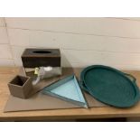 A Lucrin of Geneva pen pot, mouse mat and desk pad, Smythson triangular trinket tray, two Oka