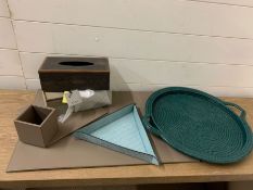 A Lucrin of Geneva pen pot, mouse mat and desk pad, Smythson triangular trinket tray, two Oka