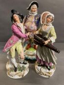 A pair of porcelain figures of Musicians, 19th century, after Meissen originals, she playing the