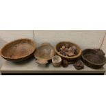 A selection of seven wooden rustic pans, dough bowls decorative items