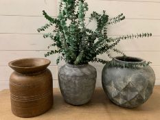 Three contemporary textured decorative pots and faux plant