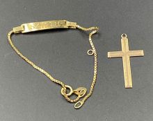 A 9ct gold identity bracelet and a cross (Total Weight 3.8g)