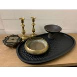 A contemporary tray, brass candlesticks and bowl, along with a decorative printers block