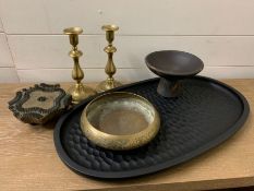 A contemporary tray, brass candlesticks and bowl, along with a decorative printers block