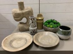A selection of various stoneware items including retro lava vase, abstract vase, dip pot and