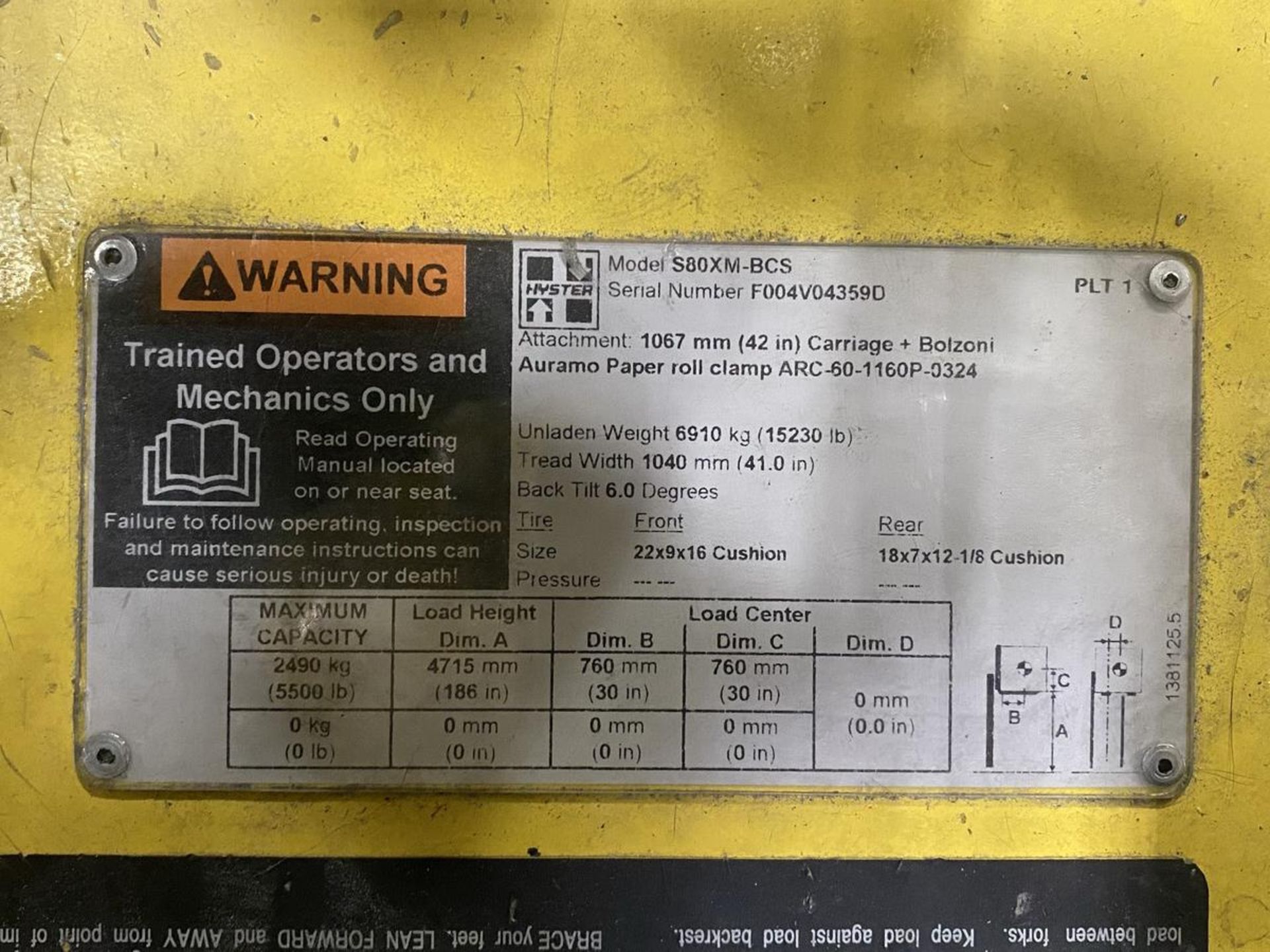 Hyster 5,500 lb. Cap. Model S80XM-BCS LP Riding Fork Lift Truck, S/N: F004V04359D (2006); with 3- - Image 12 of 12