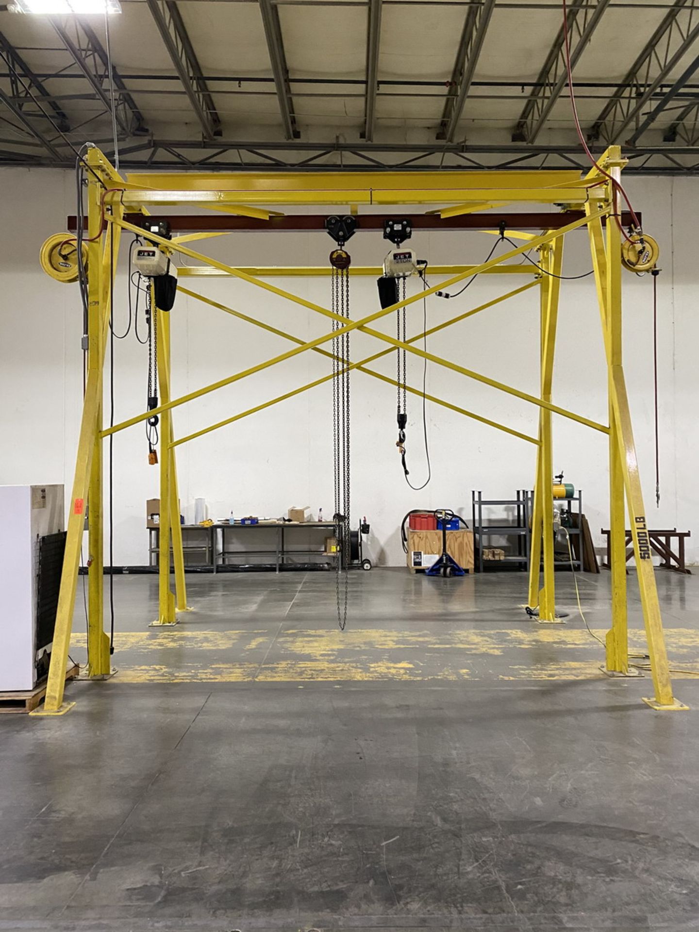 5,000 lb. Cap. Floor Mounted Gantry Crane; with (2) Jet 2-Ton Electric Chain Hoists, 15 ft. x 8