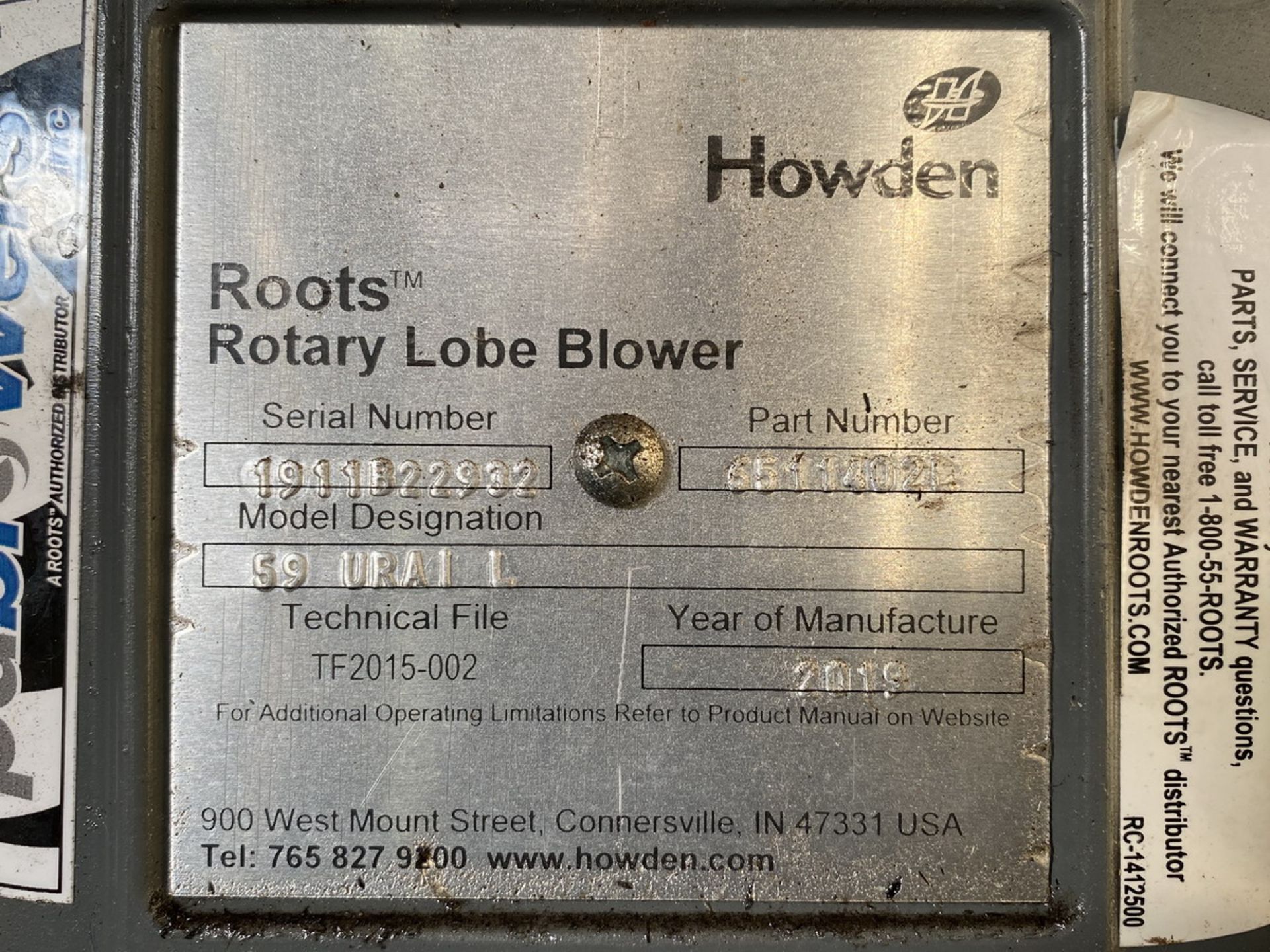 Root 25-HP Model 59 U-RAI-L Rotary Lobe Blower, S/N: 19111322932 (2019); with Silencer, Weg Invert - Image 6 of 6