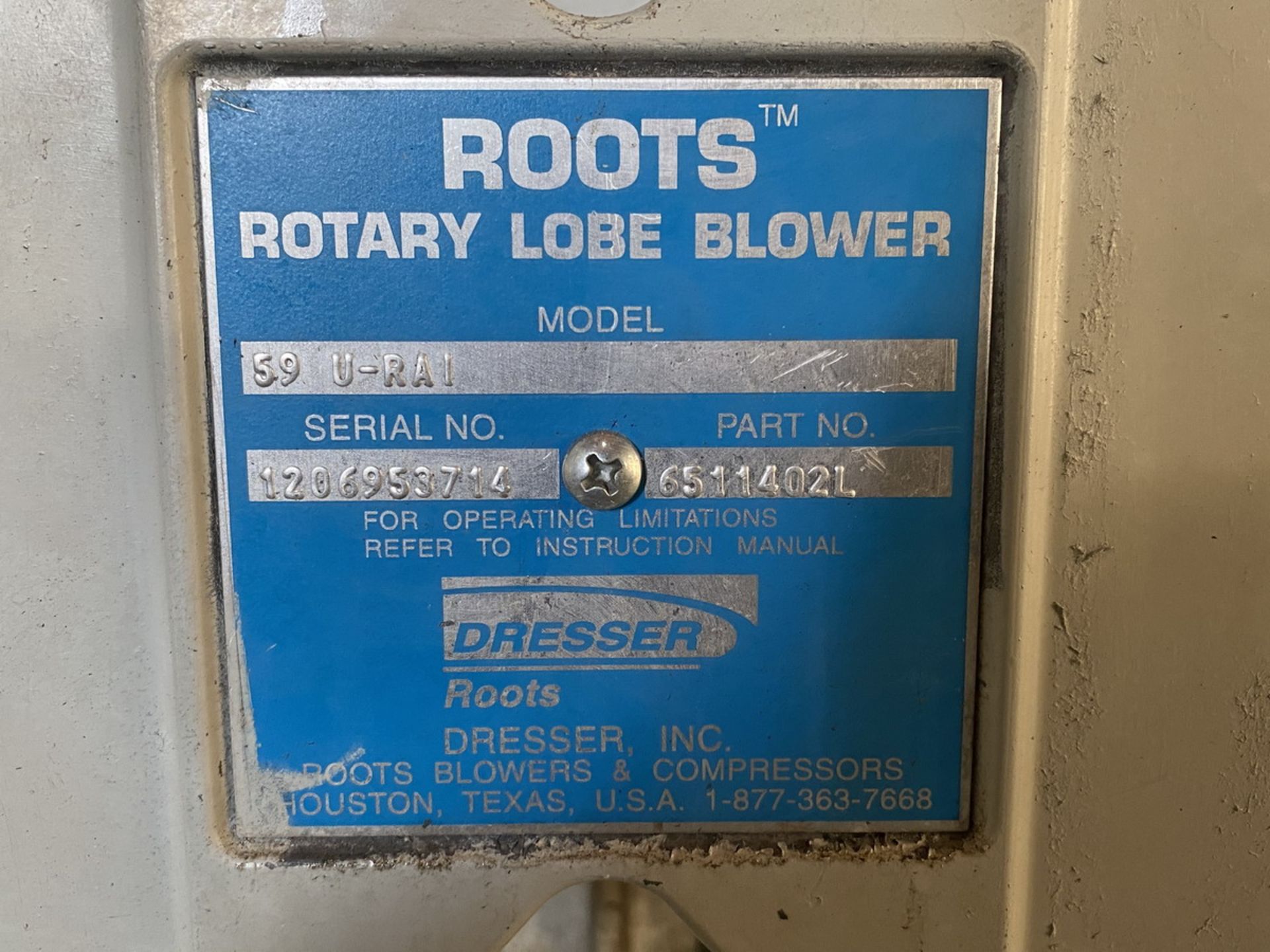 Root 25-HP Model 59 U-RAI Rotary Lobe Blower, S/N: 1206953714; with Silencer, Weg Invert Duty - Image 6 of 6