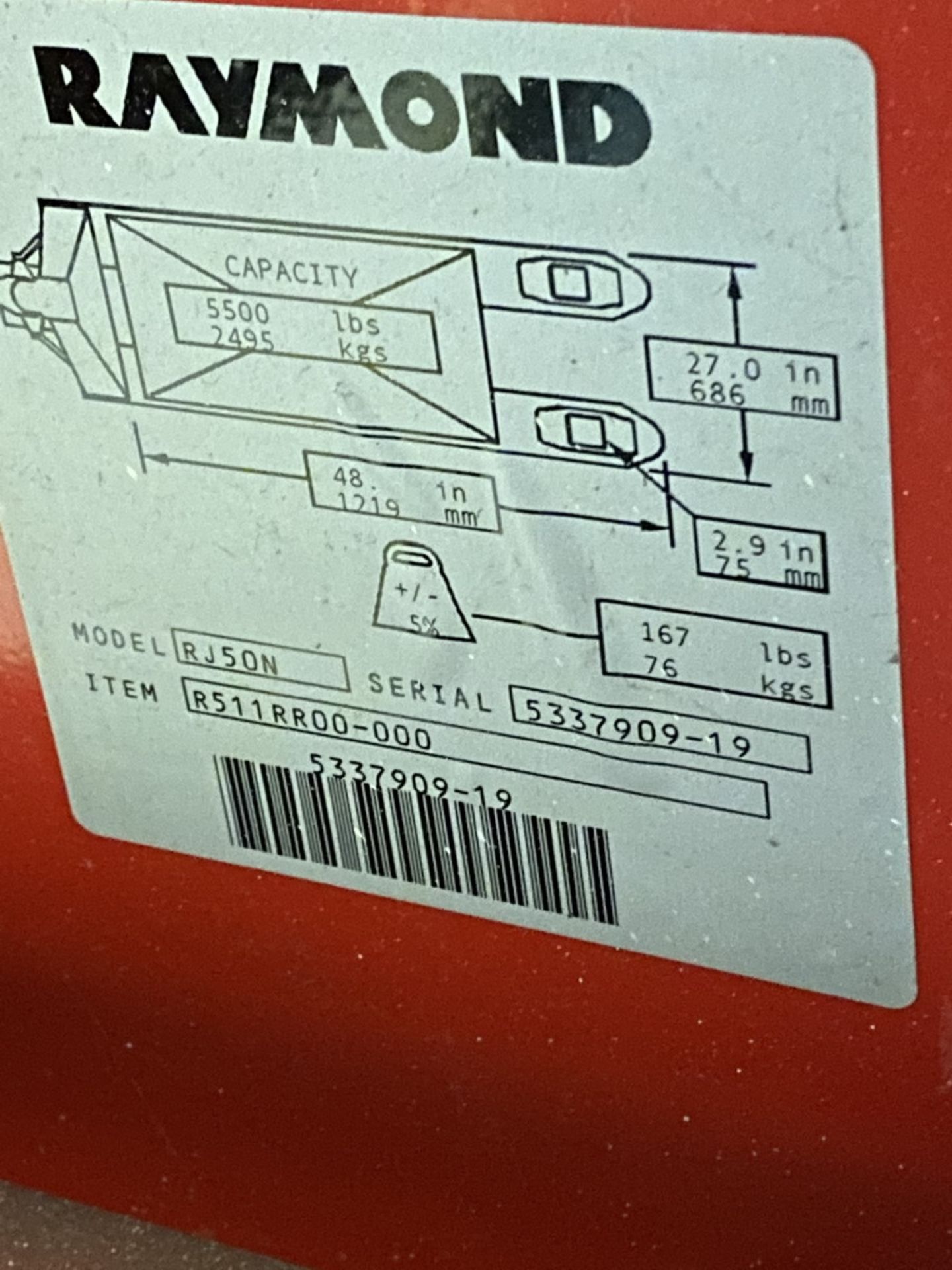 Raymond 5,500 lb. Capacity Model RJ50N Pallet Jack, S/N: 5337909-19 - (Located In: Bedford Park, - Image 2 of 2