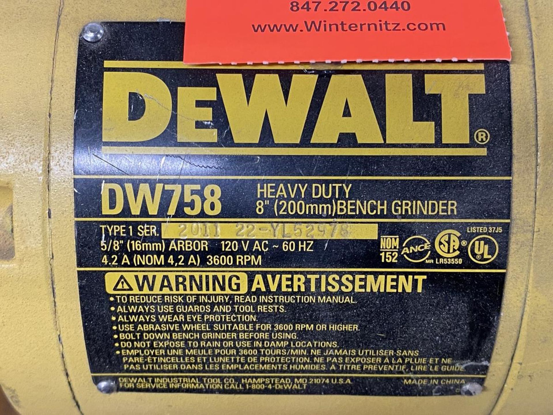 DeWalt 8 in. Model DW758 Bench Grinder, S/N: 22-YL5297S (2011); 3,600 RPM, 5/8 in. Arbor, 120-V - ( - Image 4 of 4