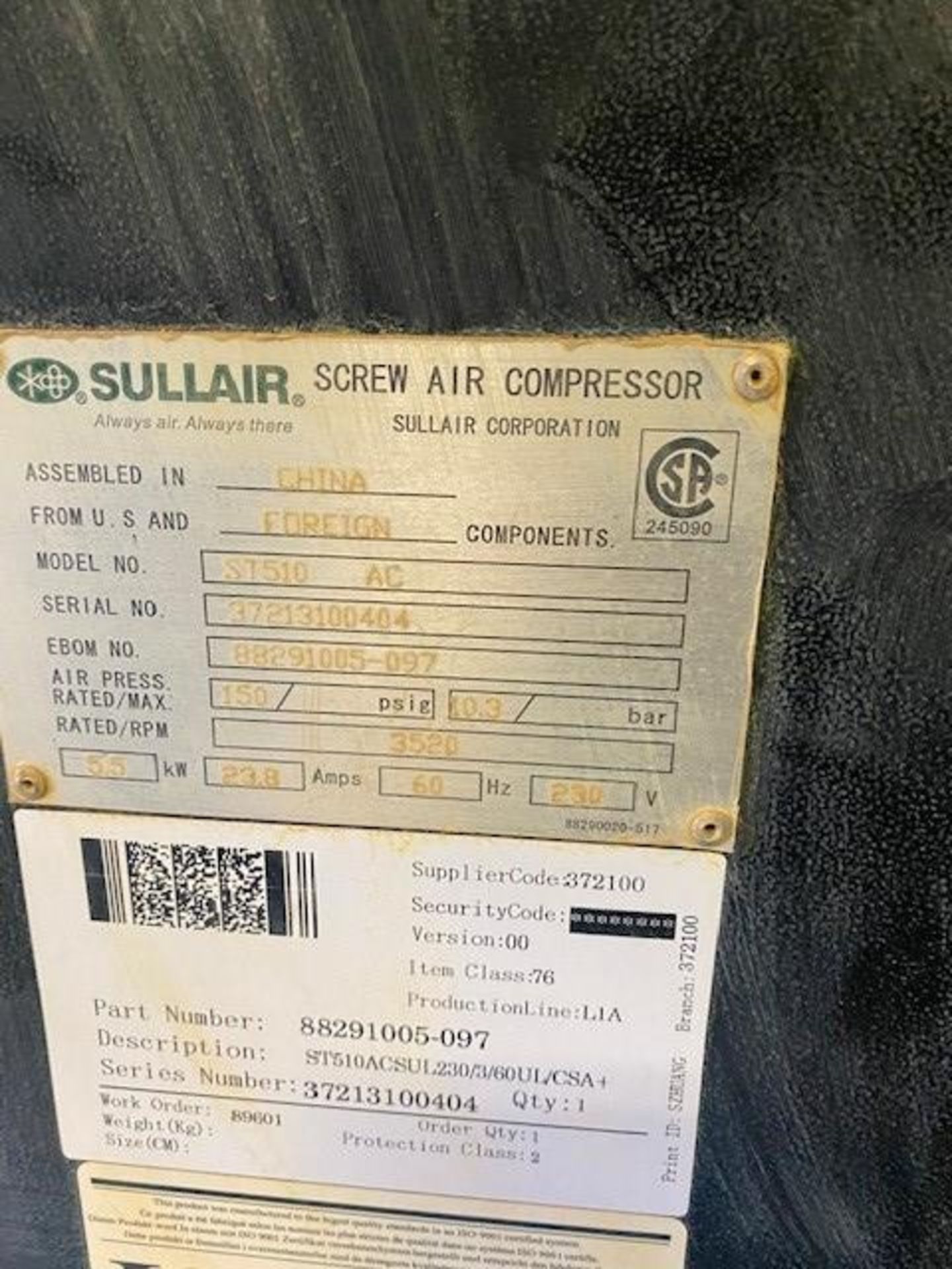 Sullair ST510 AC Shop Tek Horizontal Tank Mounted Rotary Screw Air Compressor, 2014, s/n - Image 3 of 3