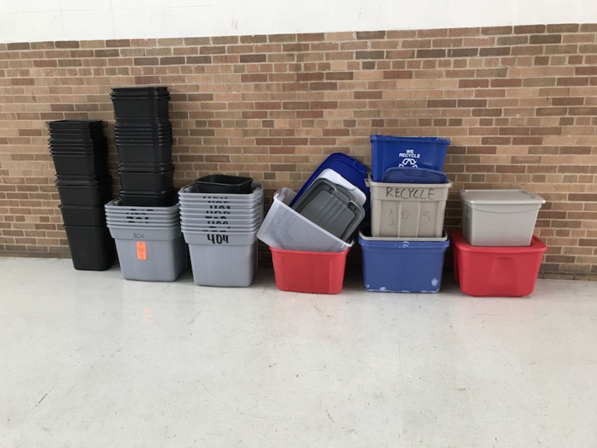 Lot of Plastic Trash Cans and Misc. Storage Bins (New Gym)
