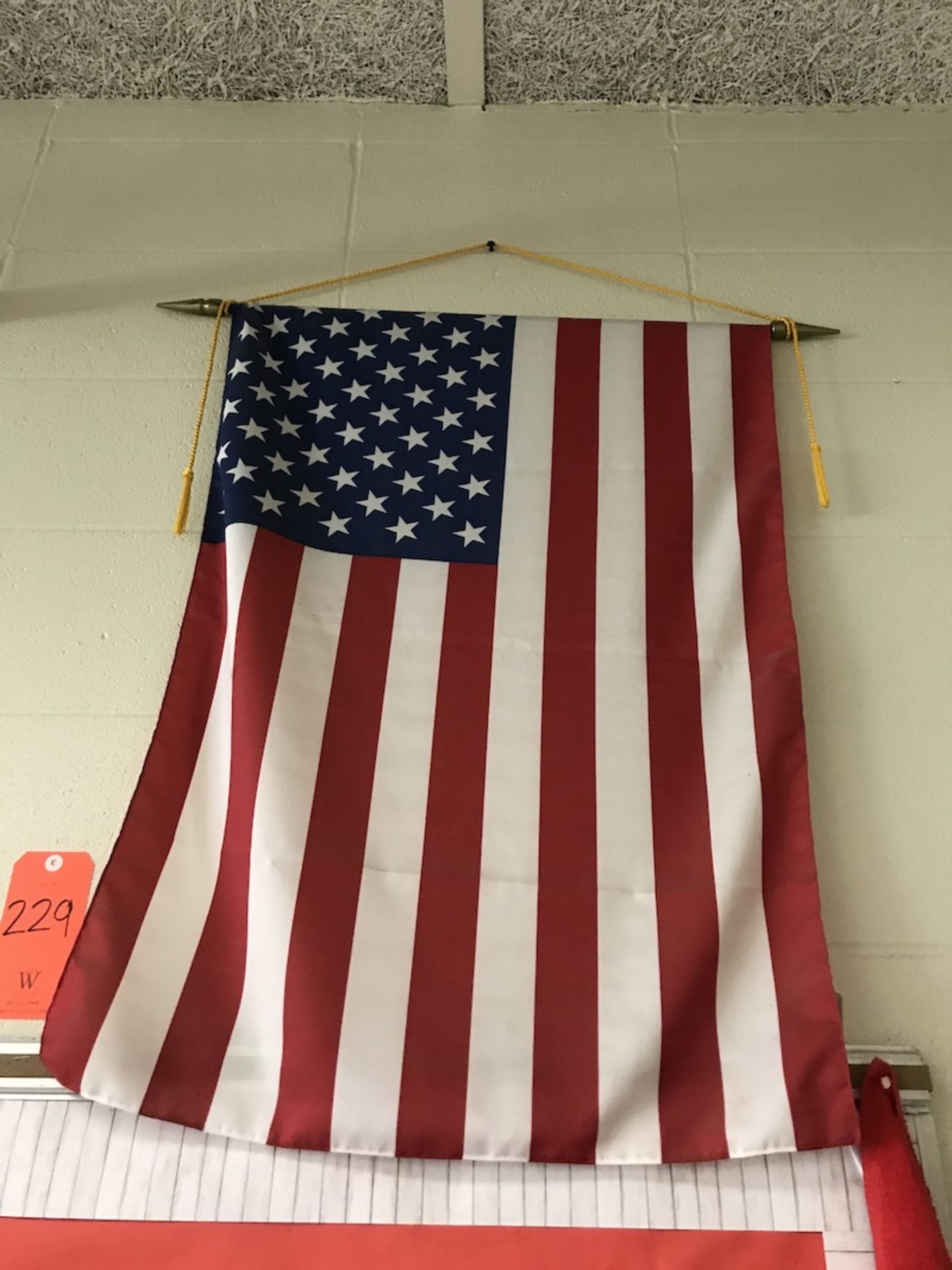 Lot - (1) American Flag (1) Wall Clock (1) Projection Screen (Room 201)