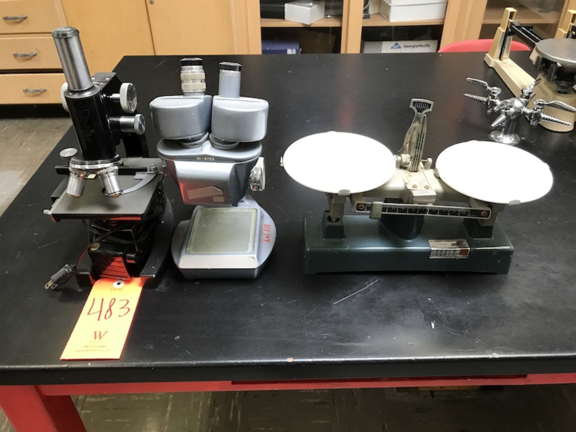 Lot - (1) Cenco Balance (1) Bausch & Lomb Microscope (1) Graf-Apsco Microscope (Room 409)