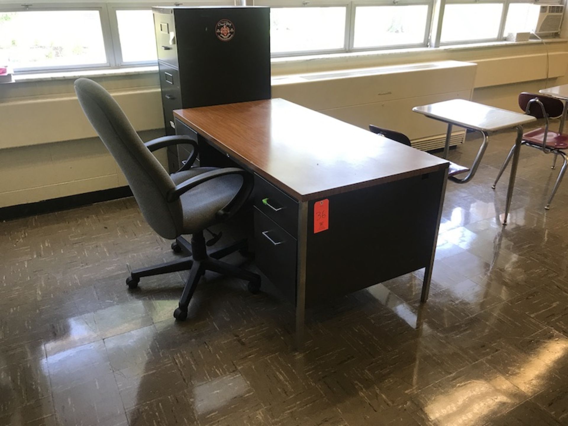 Lot - (1) 60 in. Desk, (1) File Cabinet, (1) Rolling Office Chair (1) 60 in. Table, (2) Chairs (1)