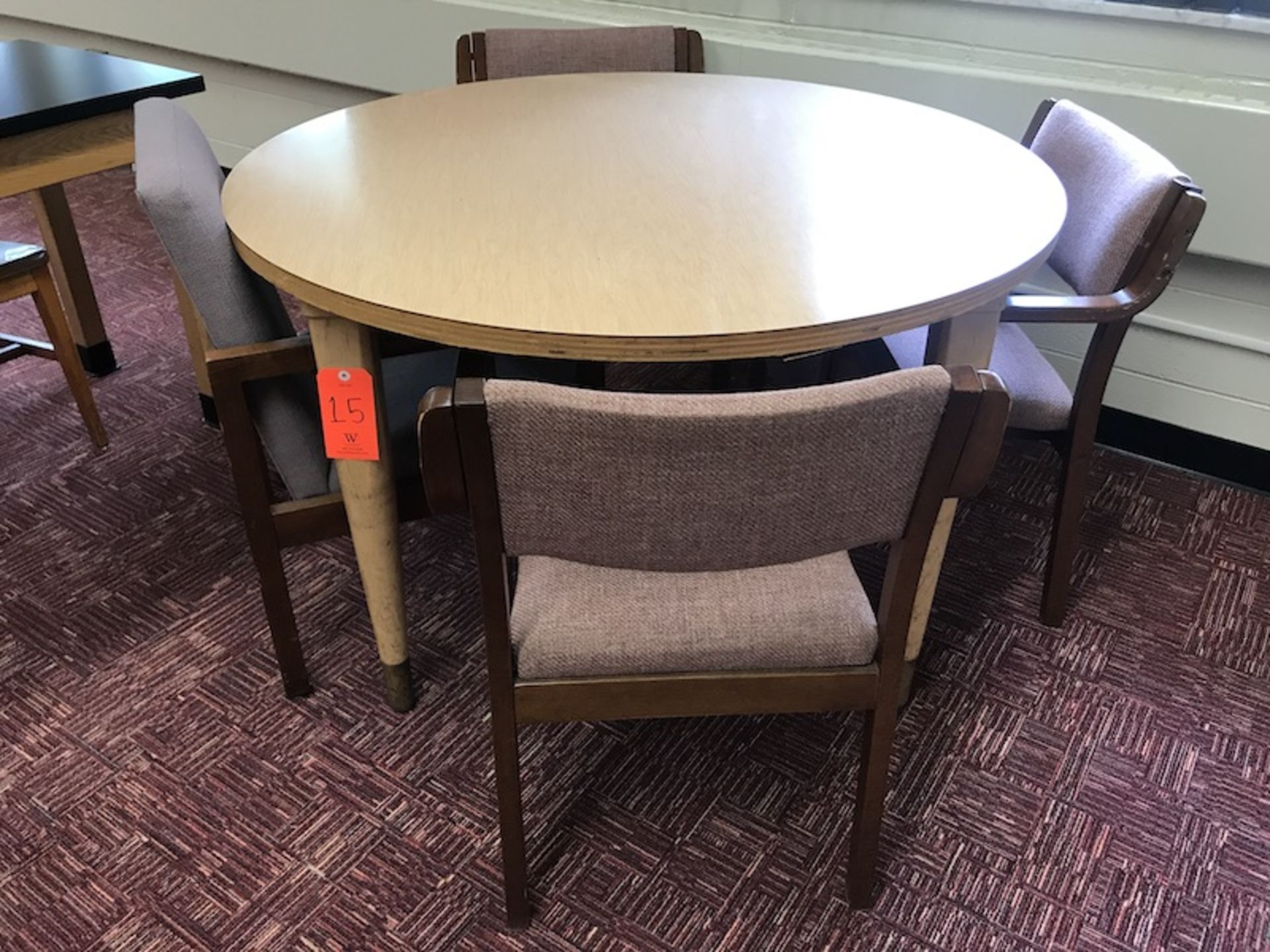 Lot - (2) 48 in. Diameter Wood Tables (8) Chairs (Room 310)