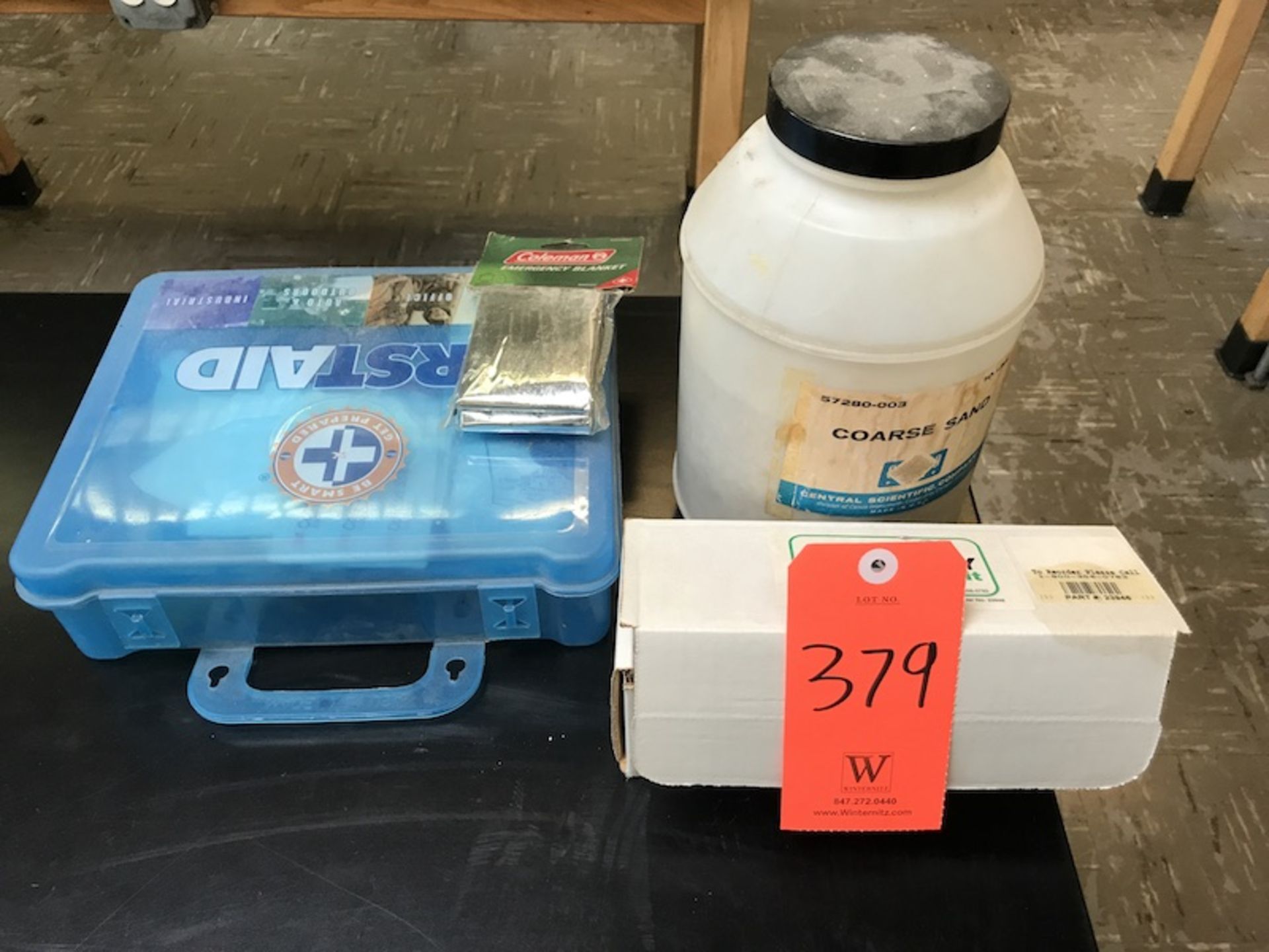 Lot - (1) First Aid Kit (1) Jar of Course Sand (1) Mercury Spill Kit (Room 408)