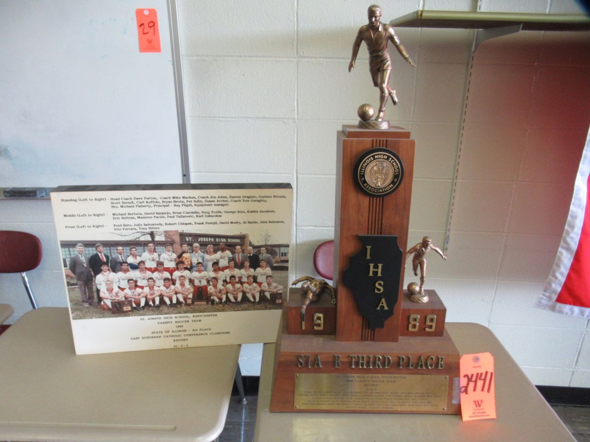 1989 IHSA State Third Place Soccer Trophy and Team Photo (Room 300)