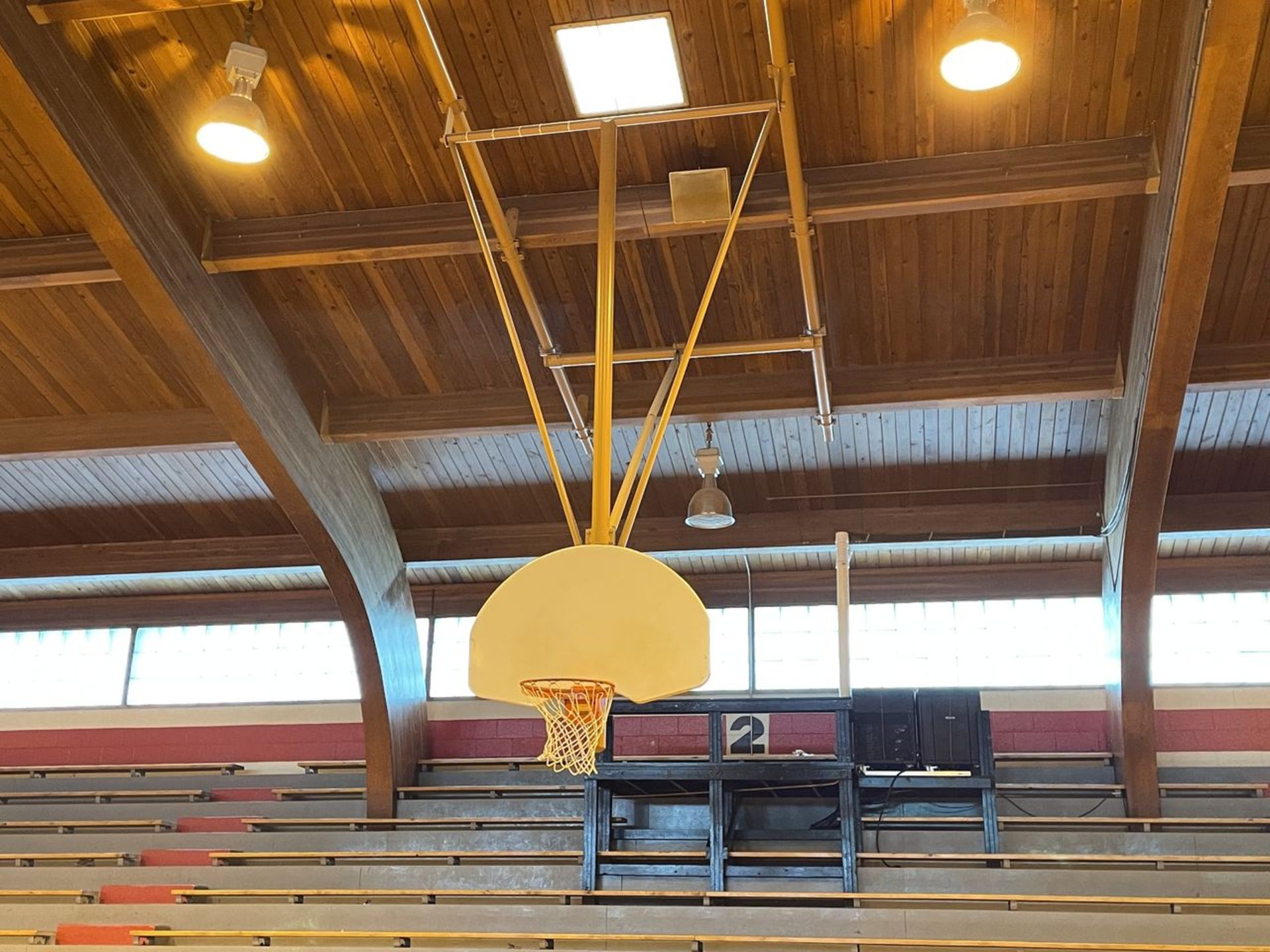 Lot - (2) Wood Backboards with Rim and Net, Ceiling Mounted (Gym)