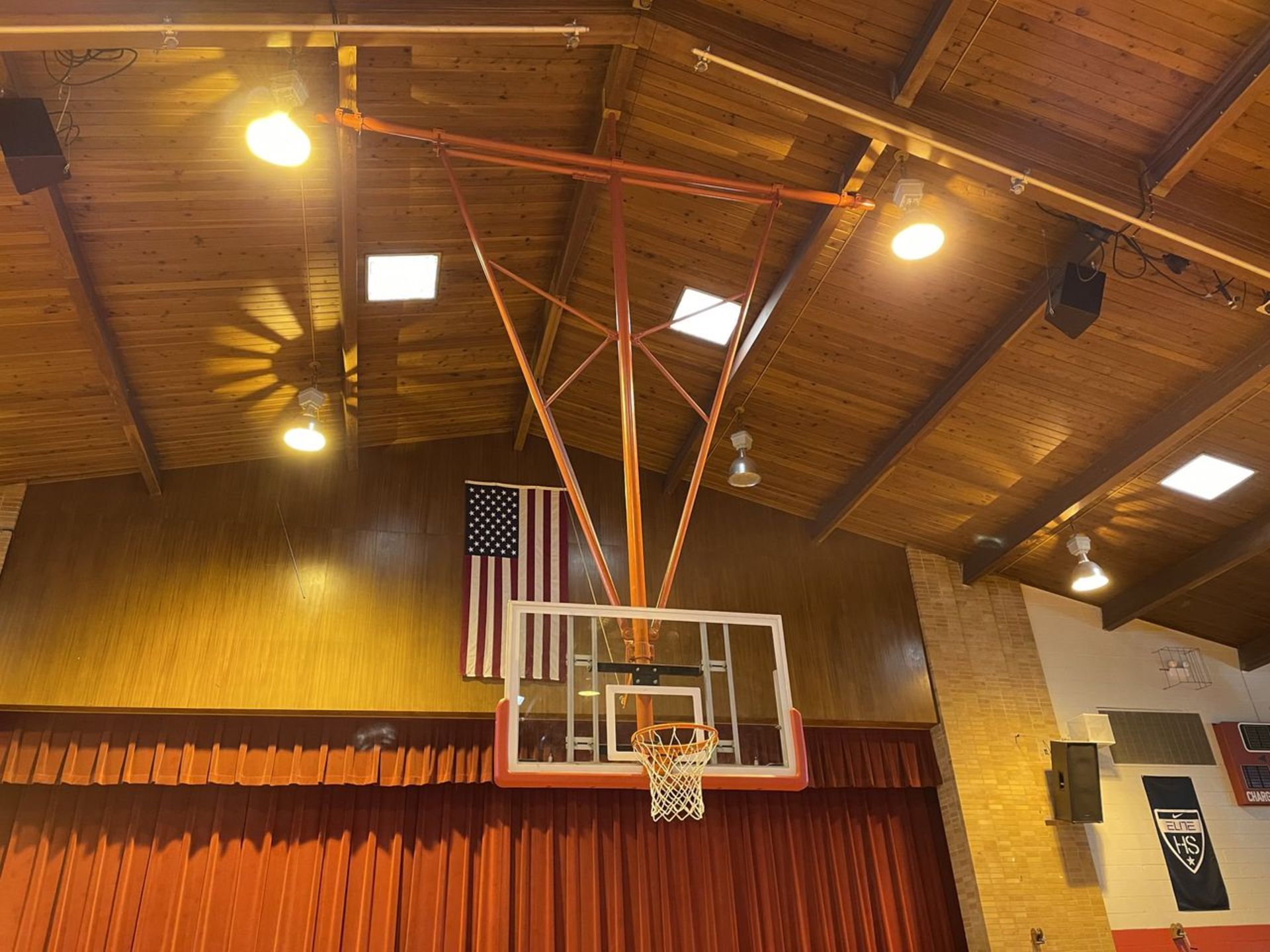 Lot - (2) Glass Backboards with Rim and Net, Ceiling Mounted (Gym)