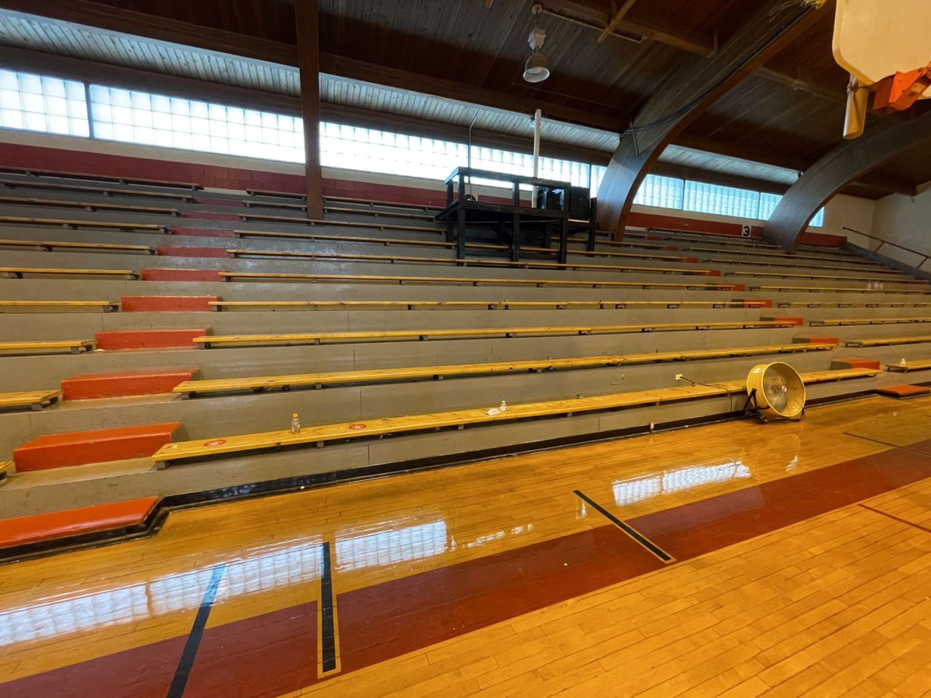 Lot - (58) 10 in. x 16 ft. Wood Benches Mounted on Permanent Bleachers (Gym) - Image 2 of 3