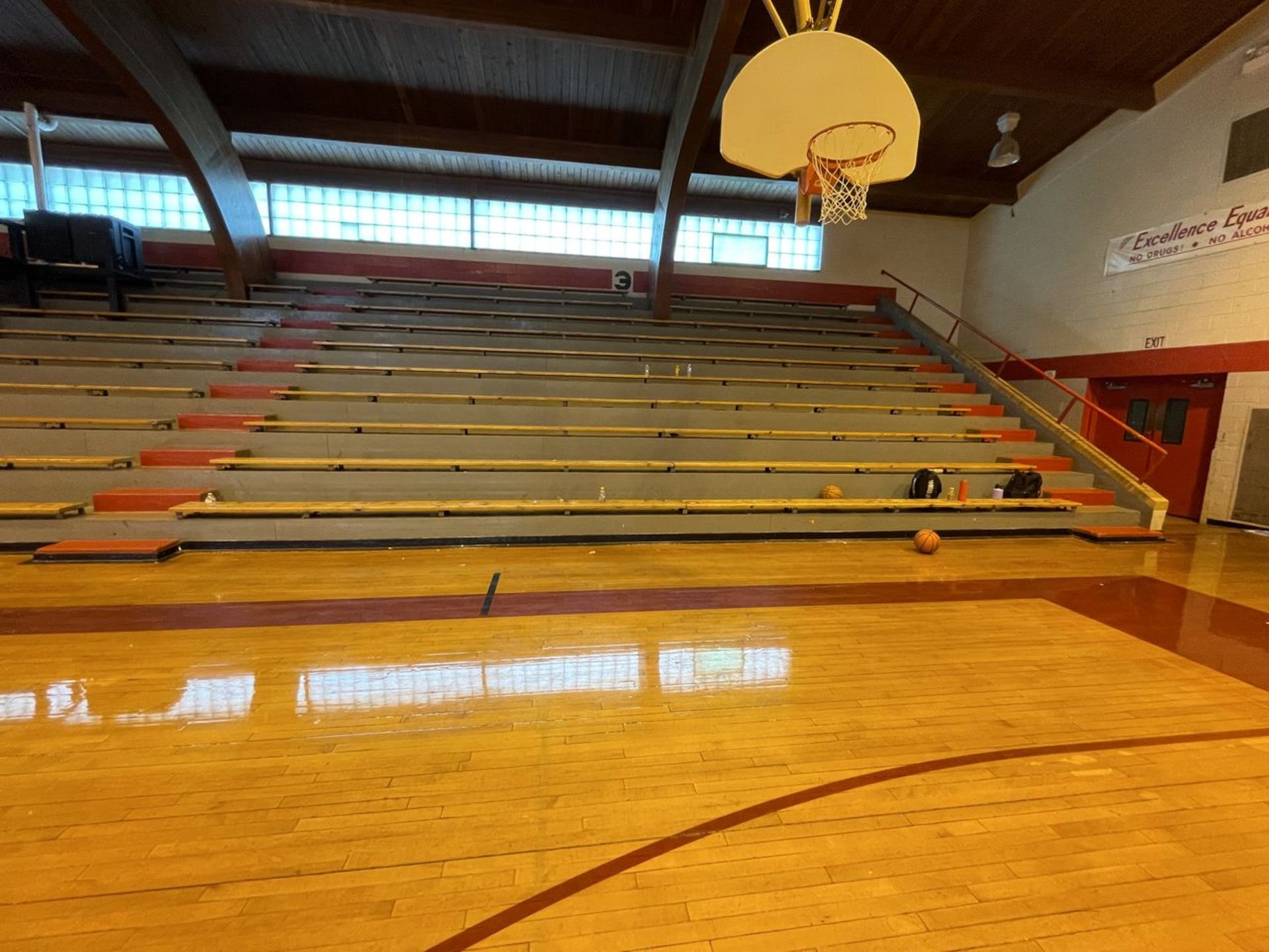 Lot - (58) 10 in. x 16 ft. Wood Benches Mounted on Permanent Bleachers (Gym) - Image 3 of 3