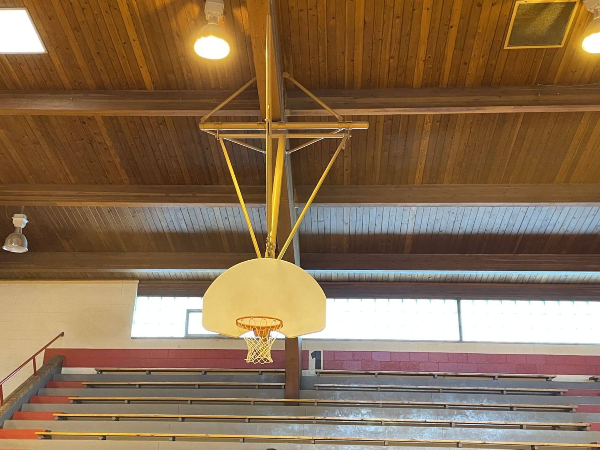 Lot - (2) Wood Backboards with Rim and Net, Ceiling Mounted (Gym)