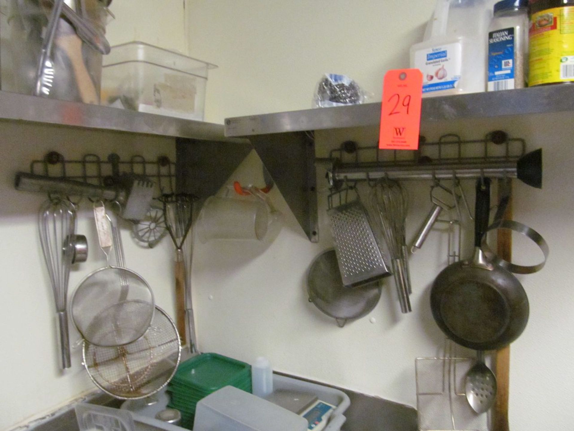 Lot - Misc. Items in Wash Area, to Include: Hanging Utensils, (4) Shelving Units, Utensils,