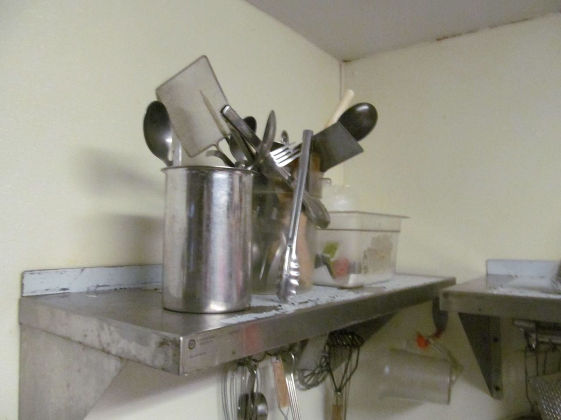 Lot - Misc. Items in Wash Area, to Include: Hanging Utensils, (4) Shelving Units, Utensils, - Image 4 of 7