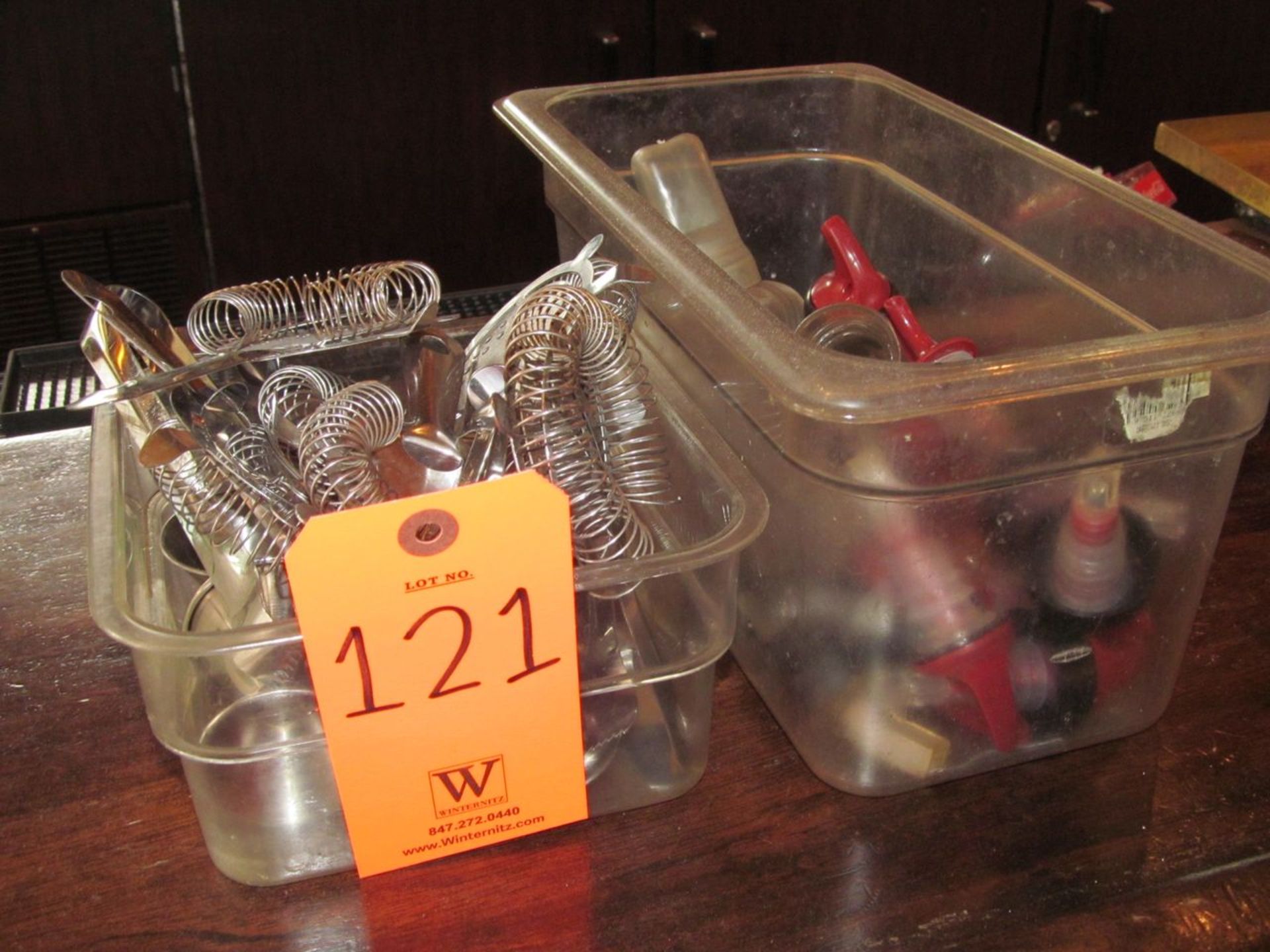 Lot - (2) Plastic Bins, with Assorted Shaker Strainers, Tongs, Liquor Storage Tops, and Misc.
