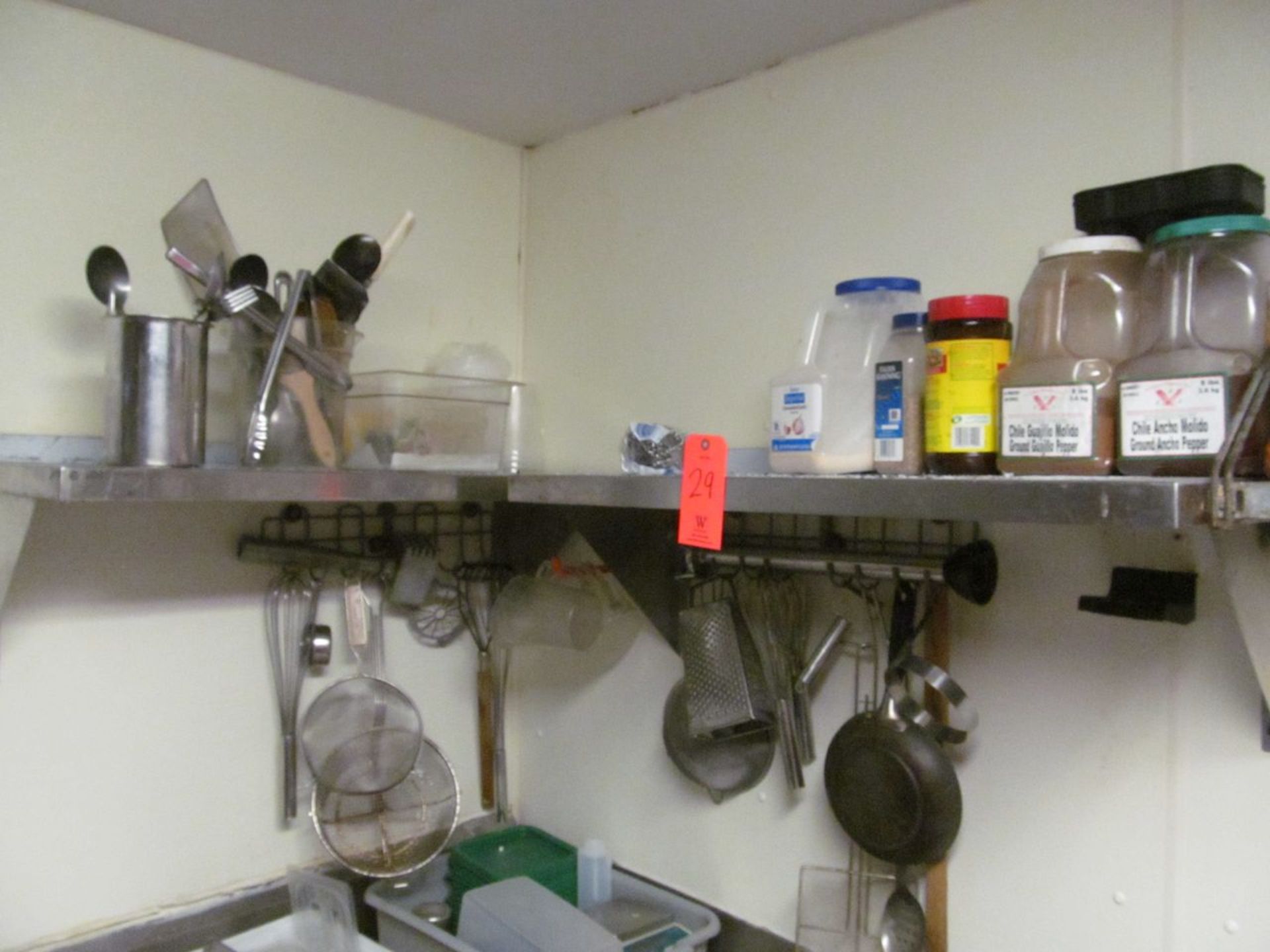 Lot - Misc. Items in Wash Area, to Include: Hanging Utensils, (4) Shelving Units, Utensils, - Image 5 of 7