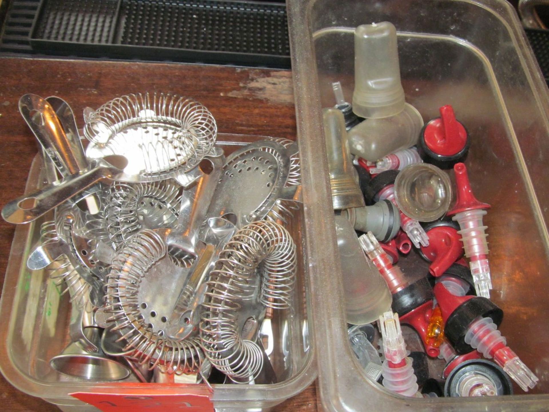 Lot - (2) Plastic Bins, with Assorted Shaker Strainers, Tongs, Liquor Storage Tops, and Misc. - Image 2 of 2