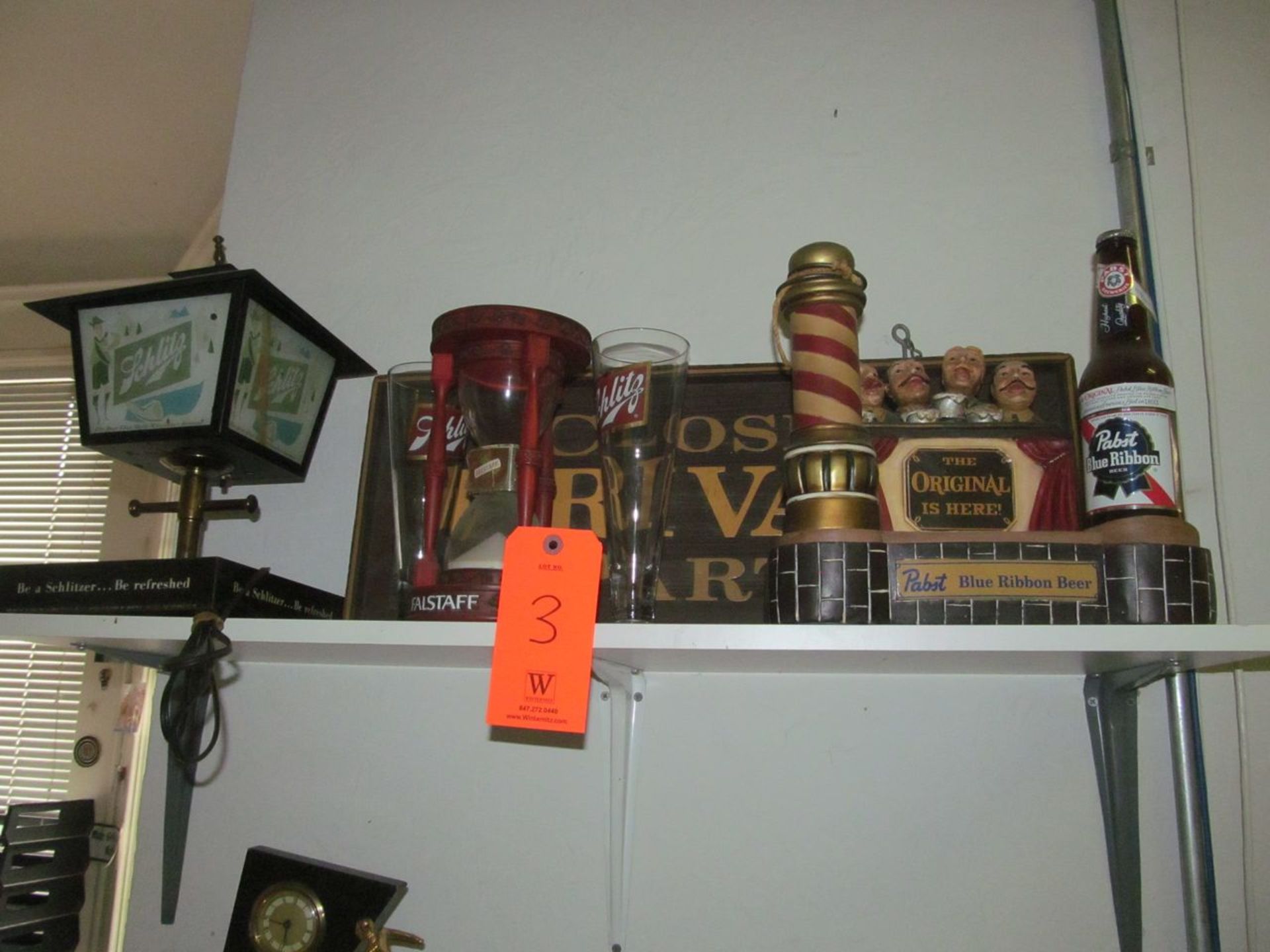 Lot - Assorted Decorations on Shelf to Include: Schlitz Lamp, Closed Sign, Fallstaff Sand Hourglass,