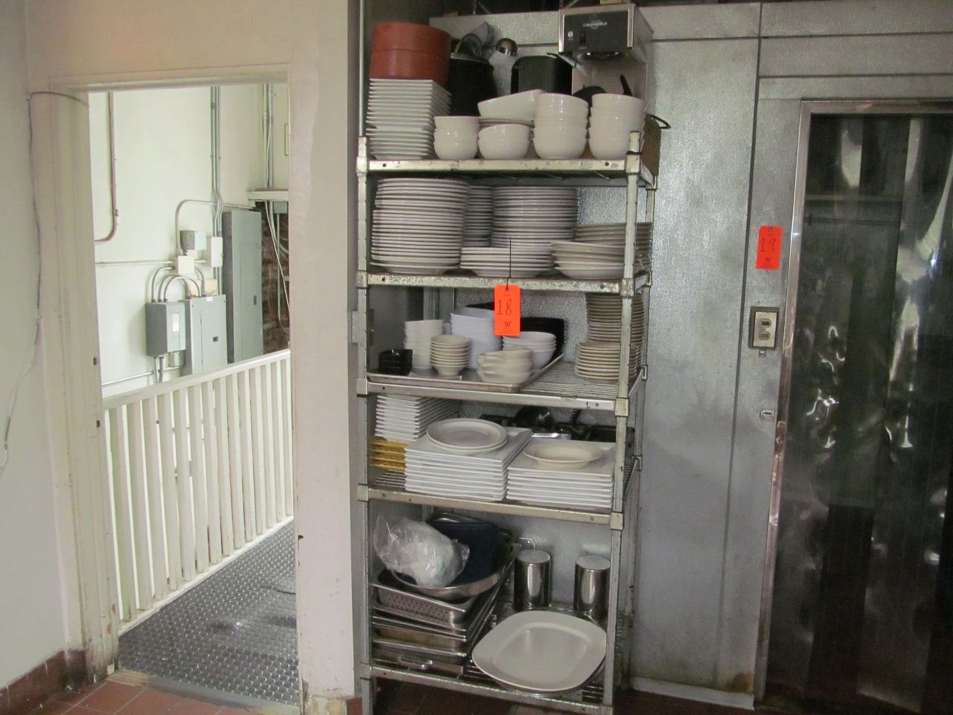 5-Tier Rack with Dishes, Serving Pieces, Misc. Pots, Coffee Maker, and Related Contents (Upstairs