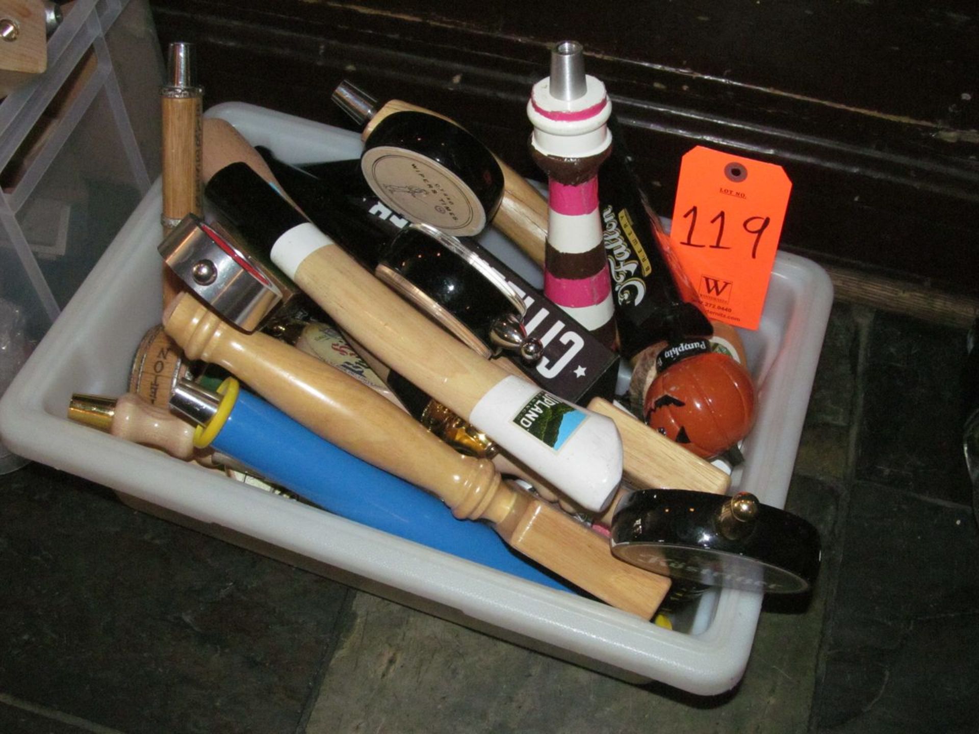 Lot - Large Quantity of Assorted Beer Taps, in Plastic Bin (Bar)