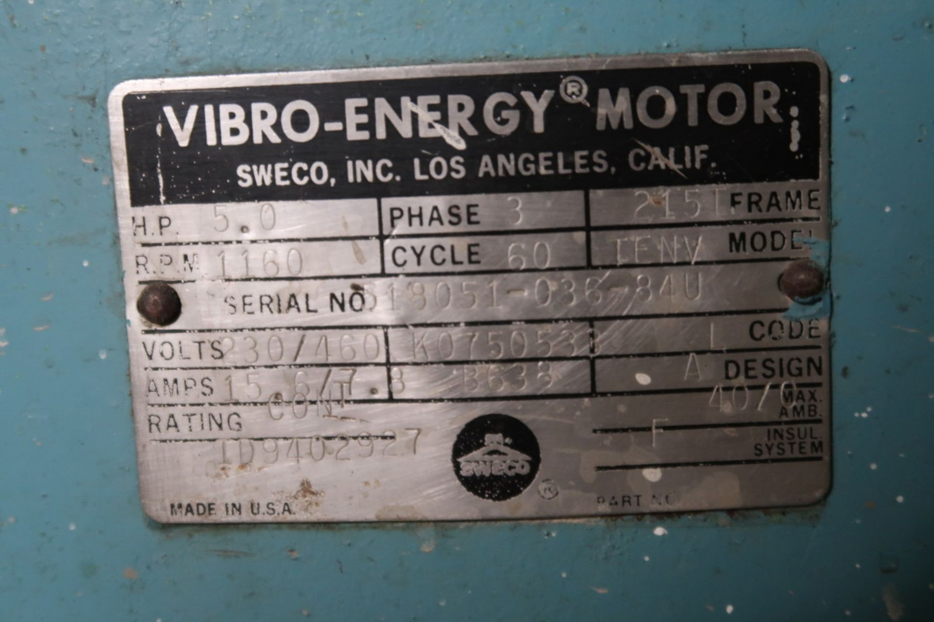 Sweco Model Vibro-Energy Vibratory Finisher; 48 in. Diameter Bowl, Control Panel (S/N: 14FM884- - Image 6 of 9